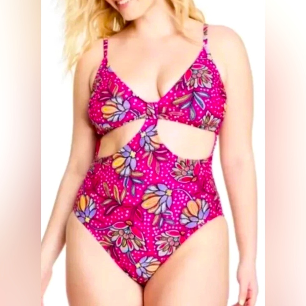Tabitha Brown For Target One Piece Swim Suit Size large Hot Pink Floral Cheeky